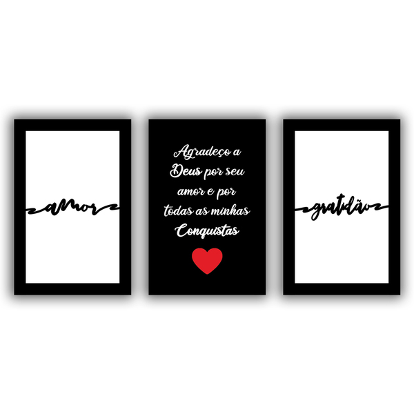 Kit Placas Quadros Decorativos 3pçs 20x30 Deus Amor Gratidão