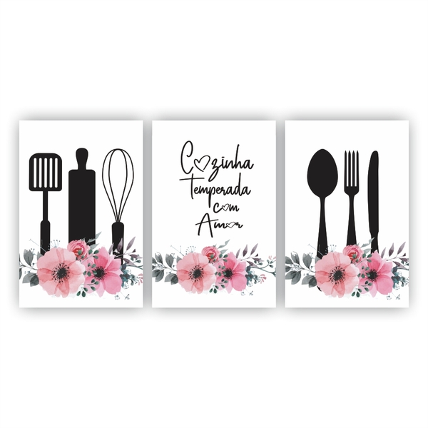 Kit Placas Quadros Frases Cozinha Temperada Com Amor 30x20