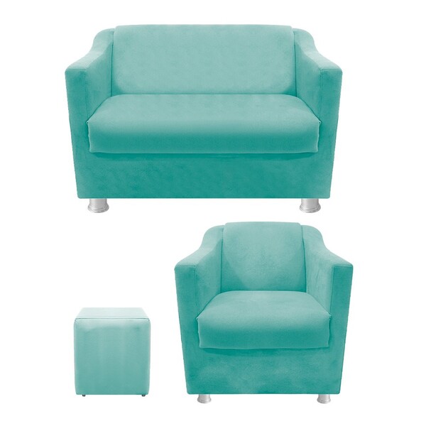 Kit Poltrona  Namoradeira Tilla E Puff Dado Suede Azul Tiffan