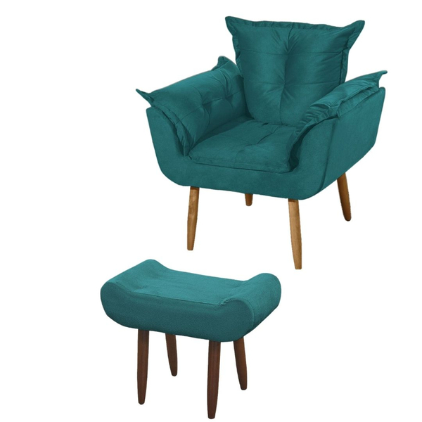 Kit Poltrona Com Puff Decorativo Opala Suede Azul Turquesa