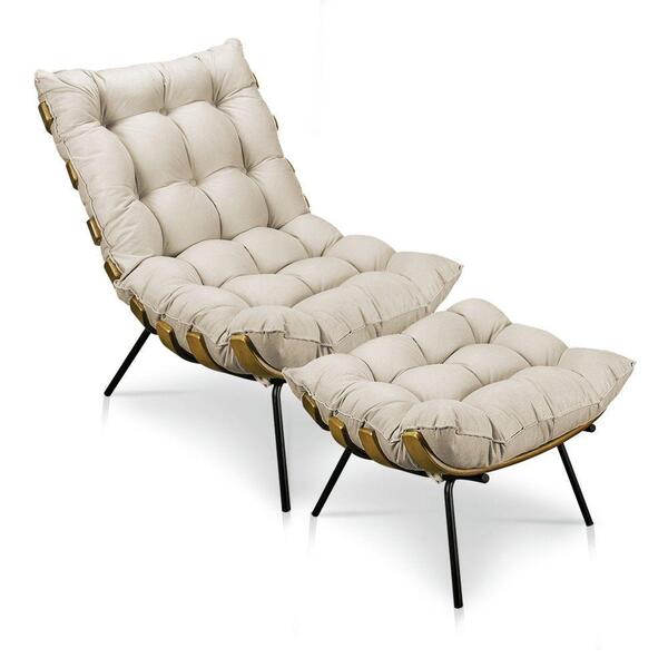 Kit Poltrona Costela Com Puff Para Sala Suede Bege