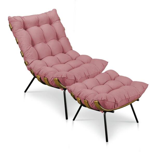 Kit Poltrona Costela Com Puff Para Sala Suede Rose
