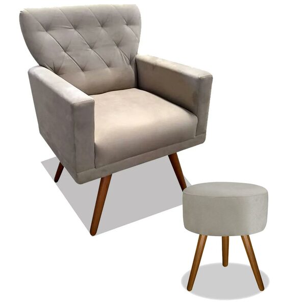 Kit Poltrona Decorativa Aurora Com Puff Redondo Pés Madeira S