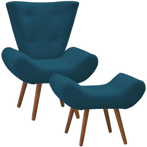 Kit Poltrona Decorativa Com Puff Bella Pés Madeira Suede Azul