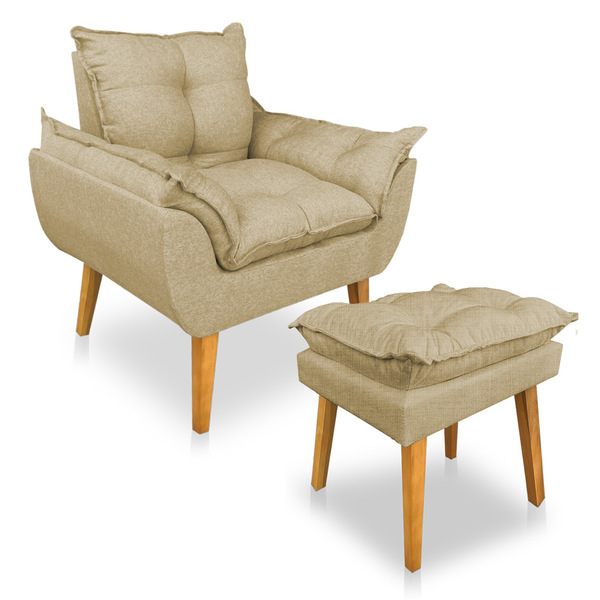 Kit Poltrona Decorativa E Puff Opala Luxo Linho Dourado Dal P