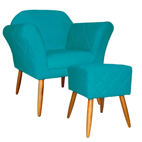 Kit Poltrona Decorativa Marcela E Puff Isabela Azul Turquesa