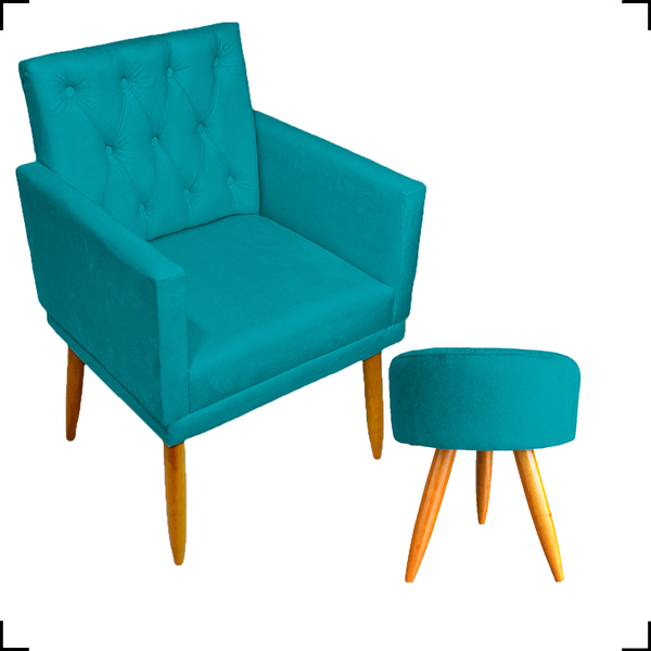 Kit Poltrona Decorativa Nina Com Base E Capitonê + Puff Redon