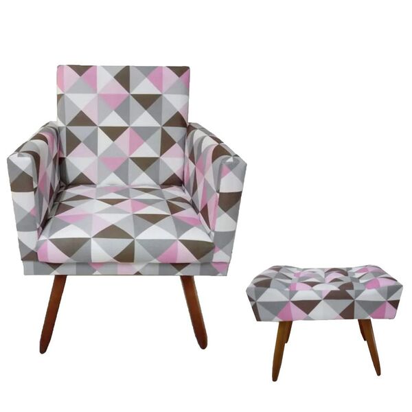 Kit Poltrona Decorativa Nina E Puff Retangular Triângulo Rosa