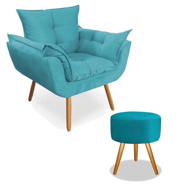 Kit Poltrona Decorativa Opala Deluxe Com Puff Redondo Suede T