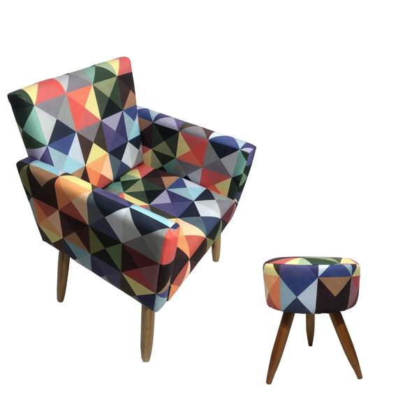 Kit Poltrona Decorativa Para Sala Nina + Puff Redondo Estampa