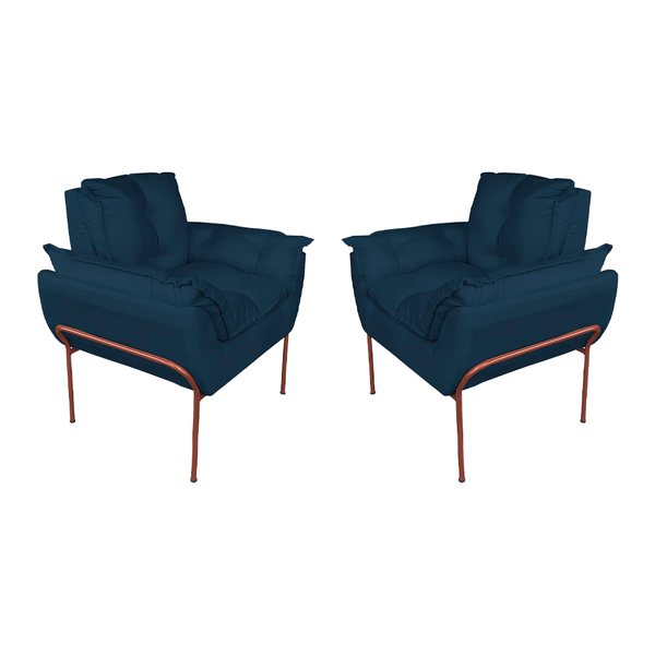 Kit Poltrona Decorativa Suede Azul Marinho Base Metálica Cobr