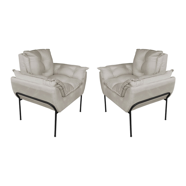 Kit Poltrona Decorativa Suede Bege Base Preta - Vallisa Decor