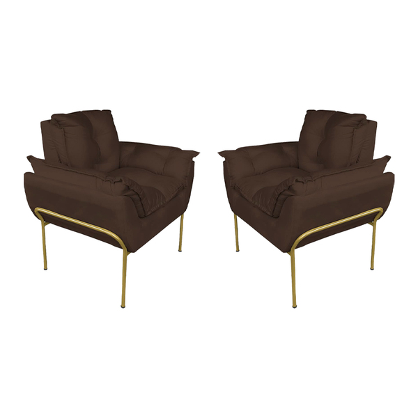 Kit Poltrona Decorativa Suede Marrom Base Metálica Dourada -