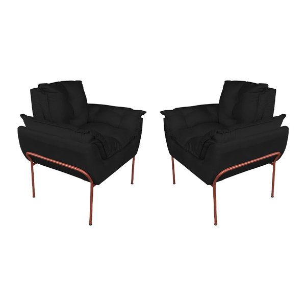 Kit Poltrona Decorativa Suede Preto Base Metálica Cobre - Val