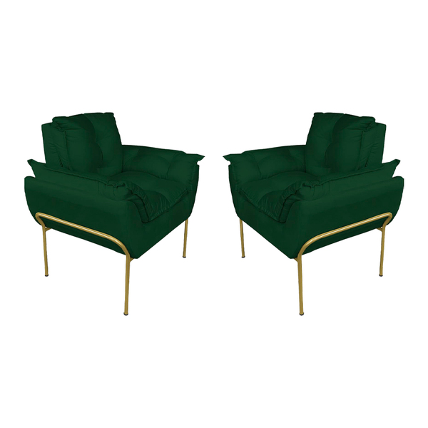 Kit Poltrona Decorativa Suede Verde Base Dourada - Vallisa De