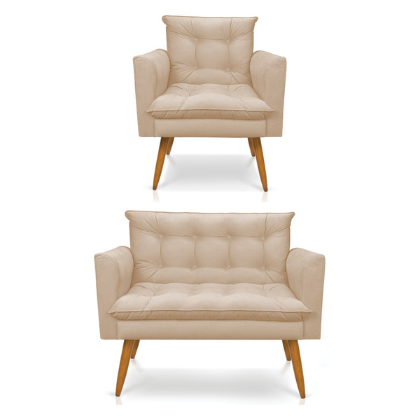 Kit Poltrona E Namoradeira 2 Lugares Olivia Suede Pés Palito