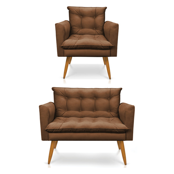 Kit Poltrona E Namoradeira 2 Lugares Olivia Suede Pés Palito