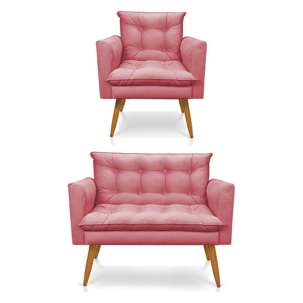 Kit Poltrona E Namoradeira 2 Lugares Olivia Suede Rosê Pés Pa