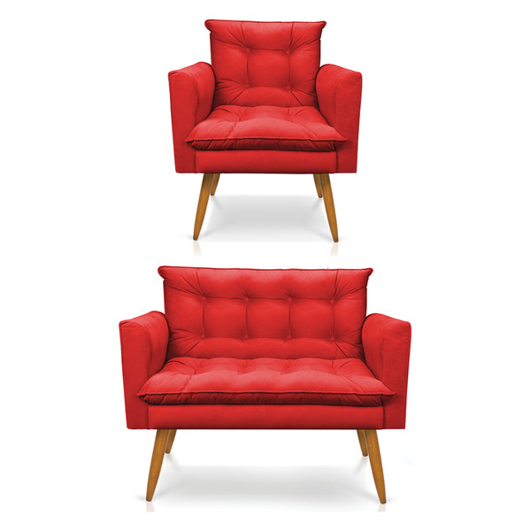 Kit Poltrona E Namoradeira 2 Lugares Olivia Suede Vermelho Pé