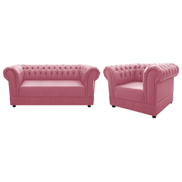 Kit Poltrona E Namoradeira Chesterfield Ana Suede Rosa Bebê -