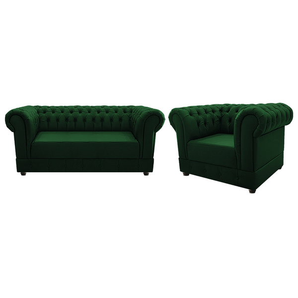 Kit Poltrona E Namoradeira Chesterfield Ana Suede Verde - Ama