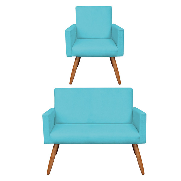 Kit Poltrona E Namoradeira Nina Veludo Azul Turquesa Pés Pali