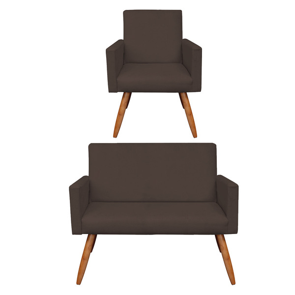 Kit Poltrona E Namoradeira Nina Veludo Pés Palito Castanho -