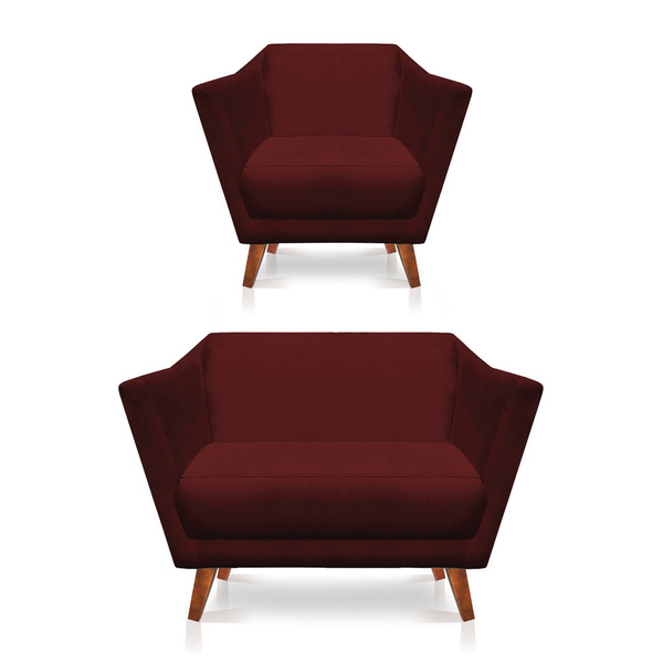 Kit Poltrona E Namoradeira Pérsia Suede Pés Chanfrado Castanh