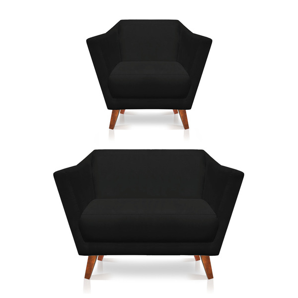 Kit Poltrona E Namoradeira Pérsia Suede Preto Pés Chanfrado C