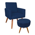 Kit Poltrona E Puff Banqueta Redonda Nina Suede Azul Marinho