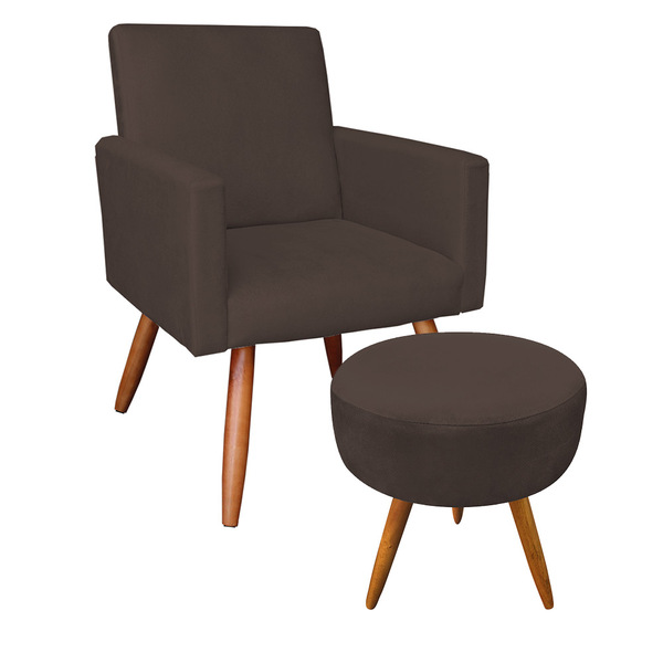 Kit Poltrona E Puff Banqueta Redonda Nina Suede Marrom Pés Pa