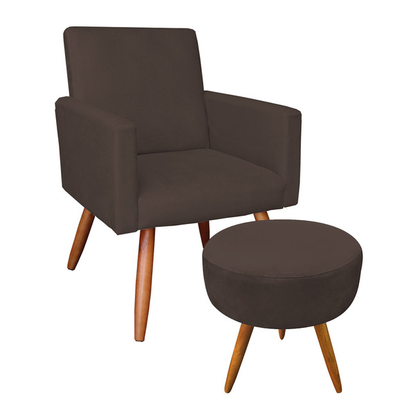 Kit Poltrona E Puff Banqueta Redonda Nina Suede Pés Palito Ca