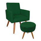 Kit Poltrona E Puff Banqueta Redonda Nina Suede Verde Pés Pal