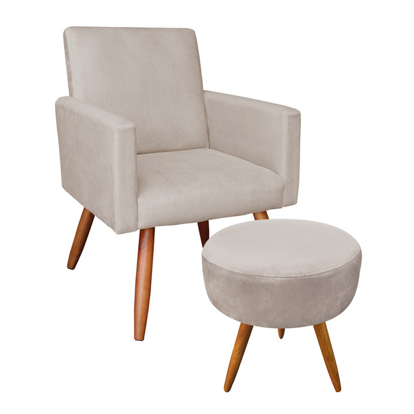 Kit Poltrona E Puff Banqueta Redonda Nina Veludo Bege Pés Pal