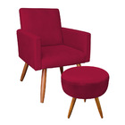 Kit Poltrona E Puff Banqueta Redonda Nina Veludo Vermelho Pés