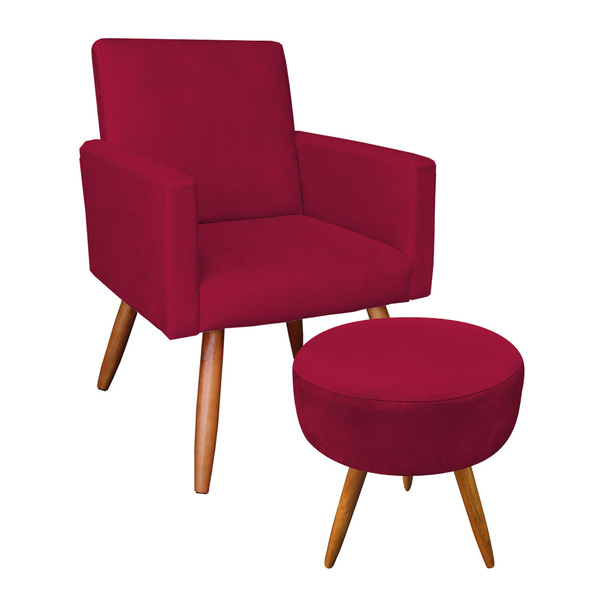 Kit Poltrona E Puff Banqueta Redonda Nina Veludo Vermelho Pés