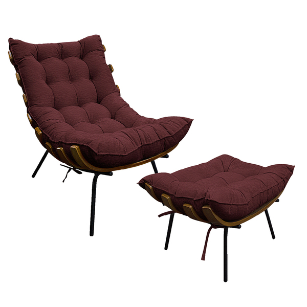 Kit Poltrona E Puff Costela Base Fixa Corano Bordô - Amarena