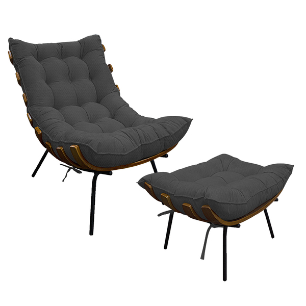 Kit Poltrona E Puff Costela Base Fixa Linho - Doce Sonho Móve