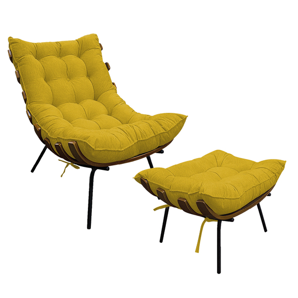 Kit Poltrona E Puff Costela Base Fixa Suede Amarelo - Amarena