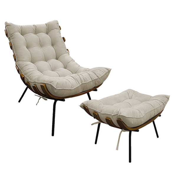 Kit Poltrona E Puff Costela Base Fixa Suede Bege - Doce Sonho