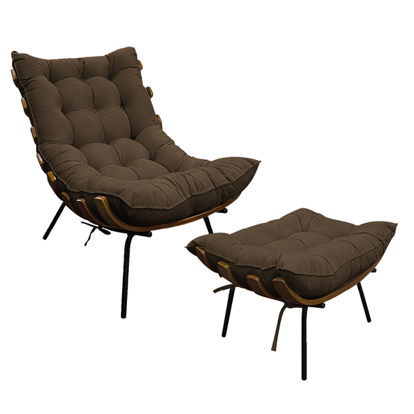 Kit Poltrona E Puff Costela Base Fixa Suede Marrom - Amarena