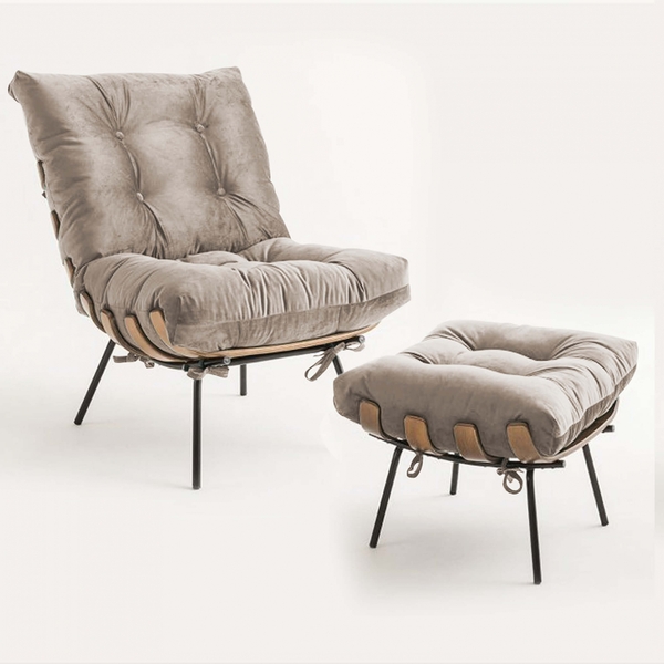 Kit Poltrona E Puff Costela Decorativa Sala De Estar Suede Be