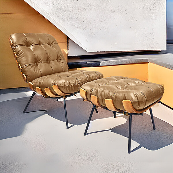 Kit Poltrona E Puff Costela Em Couro Caramelo - Wed Decor