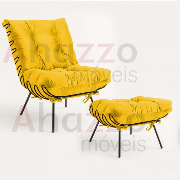 Kit Poltrona E Puff Costela Industrial Ferro Preto Sala De Es