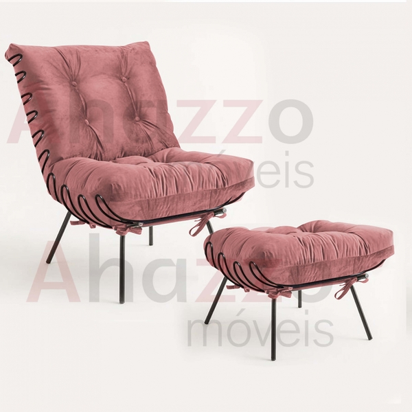 Kit Poltrona E Puff Costela Industrial Ferro Preto Sala De Es