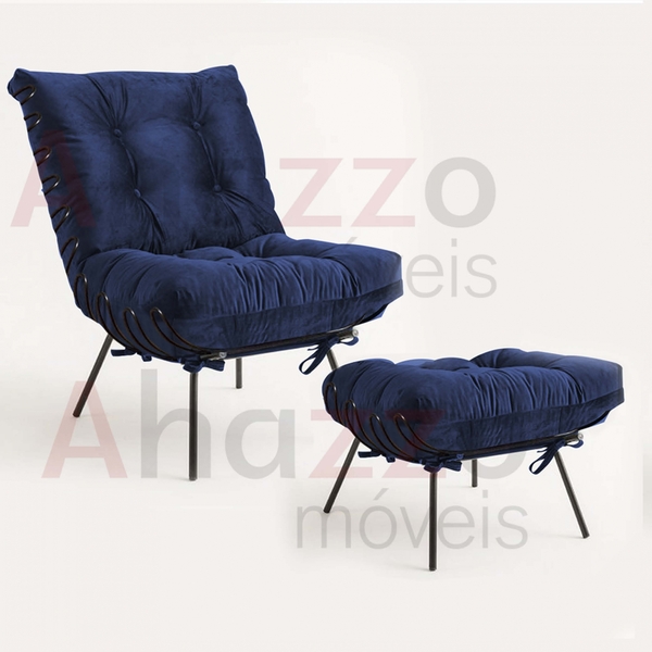 Kit Poltrona E Puff Costela Industrial Ferro Preto Sala De Es