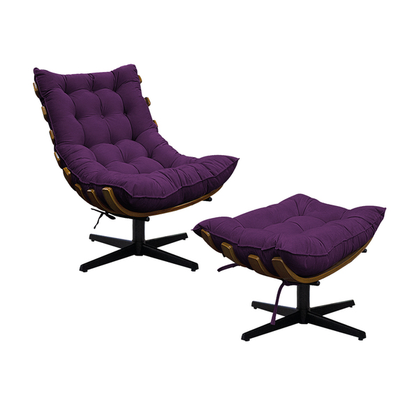 Kit Poltrona E Puff Costela Mr01 Base Giratória Suede - Doce