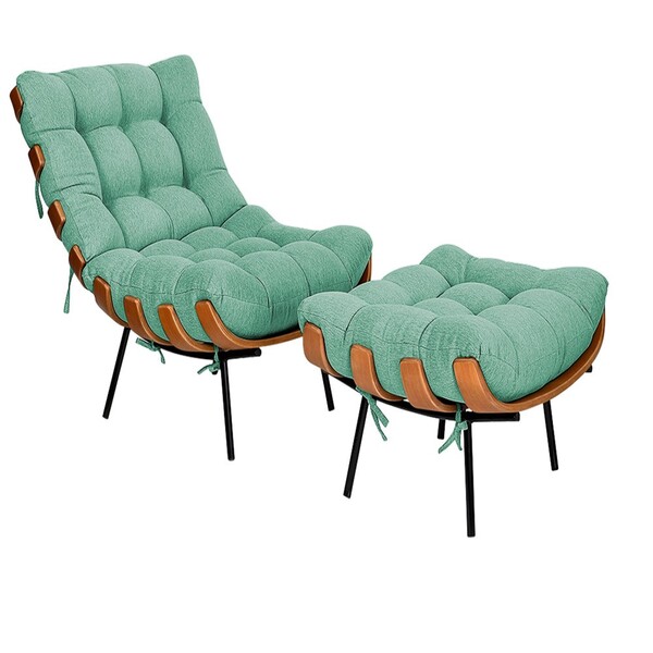 Kit Poltrona E Puff Costela Pés Fixo Linho Azul Turquesa - Do