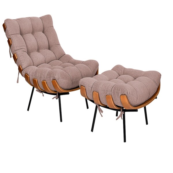 Kit Poltrona E Puff Costela Pés Fixo Linho Rosê - Doce Sonho