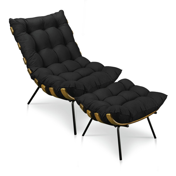 Kit Poltrona E Puff Costela Suede Base Metálica - Pallazio -